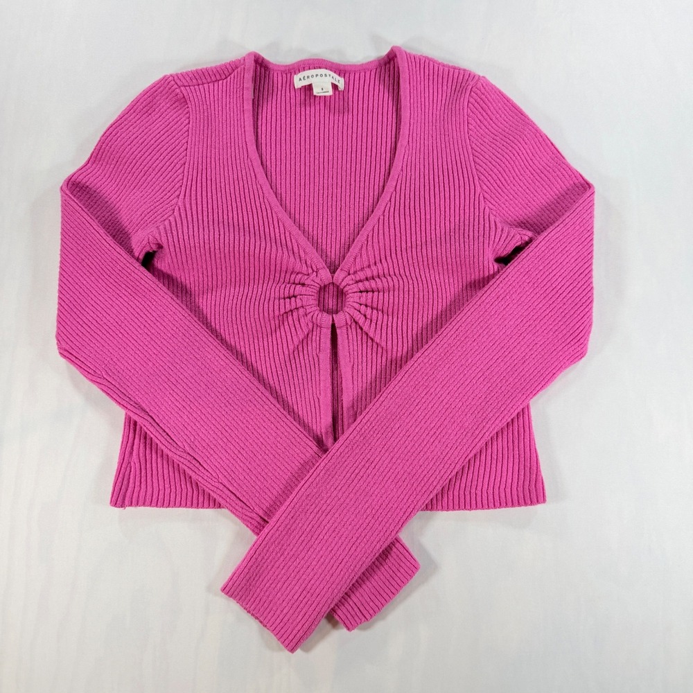 Aeropostale Ribbed Knit Top Women Small Pink O-Ring V-Neck Long Sleeve Sweater